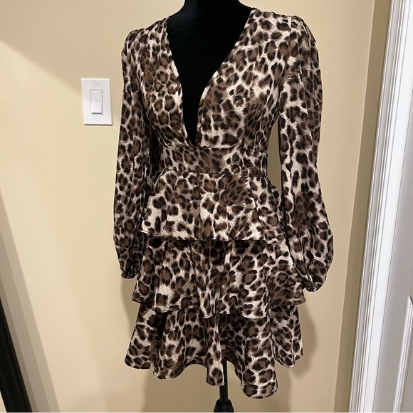 Ruffle Layered Dress Animal Print Leopard Puffer Sleeves V Neck midi Dress High - Picture 5 of 7